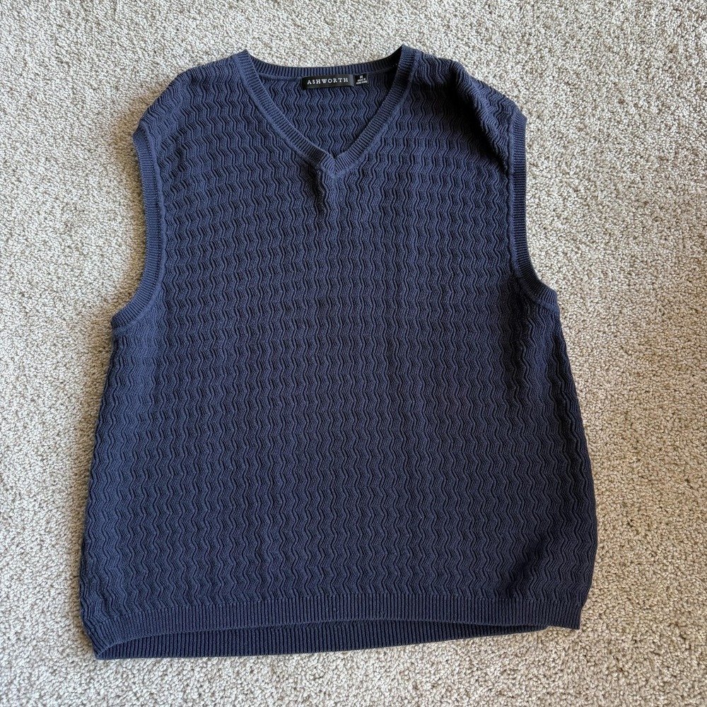 Ashworth Sweater Vest Mens Medium Blue Tight Knit V Neck Pullover Hong Kong